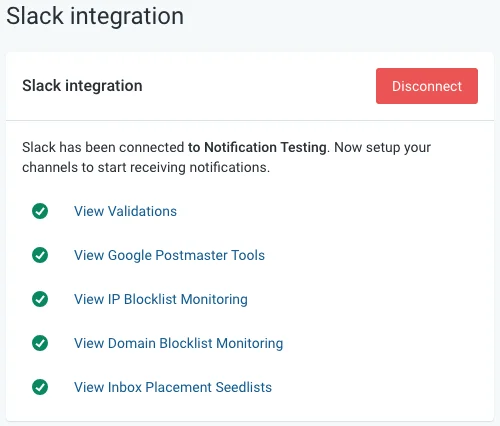 Captura de pantalla de la integración de Slack en Mailgun.