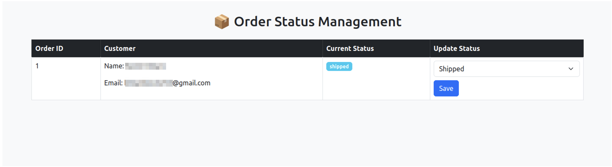 Shipped Order Status Screen Image