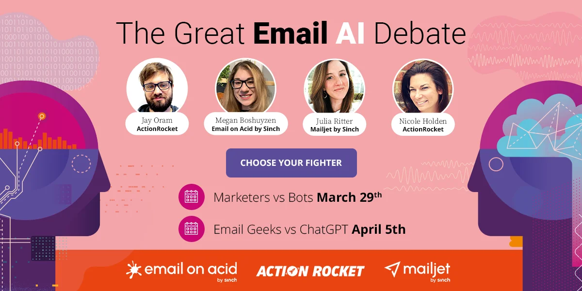 The Great Email AI Debate webinar banner featuring key speaker headshots