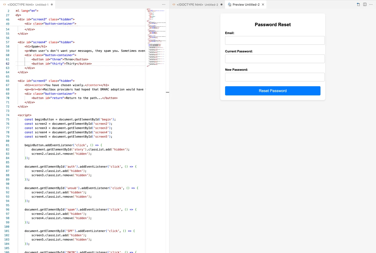 Image of the ChatGPT generated password reset code and preview.