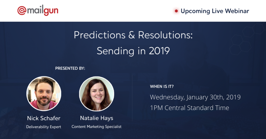 Mailgun's Predictions & Resolutions webinar banner featuring Nick Schafer and Natalie Hays