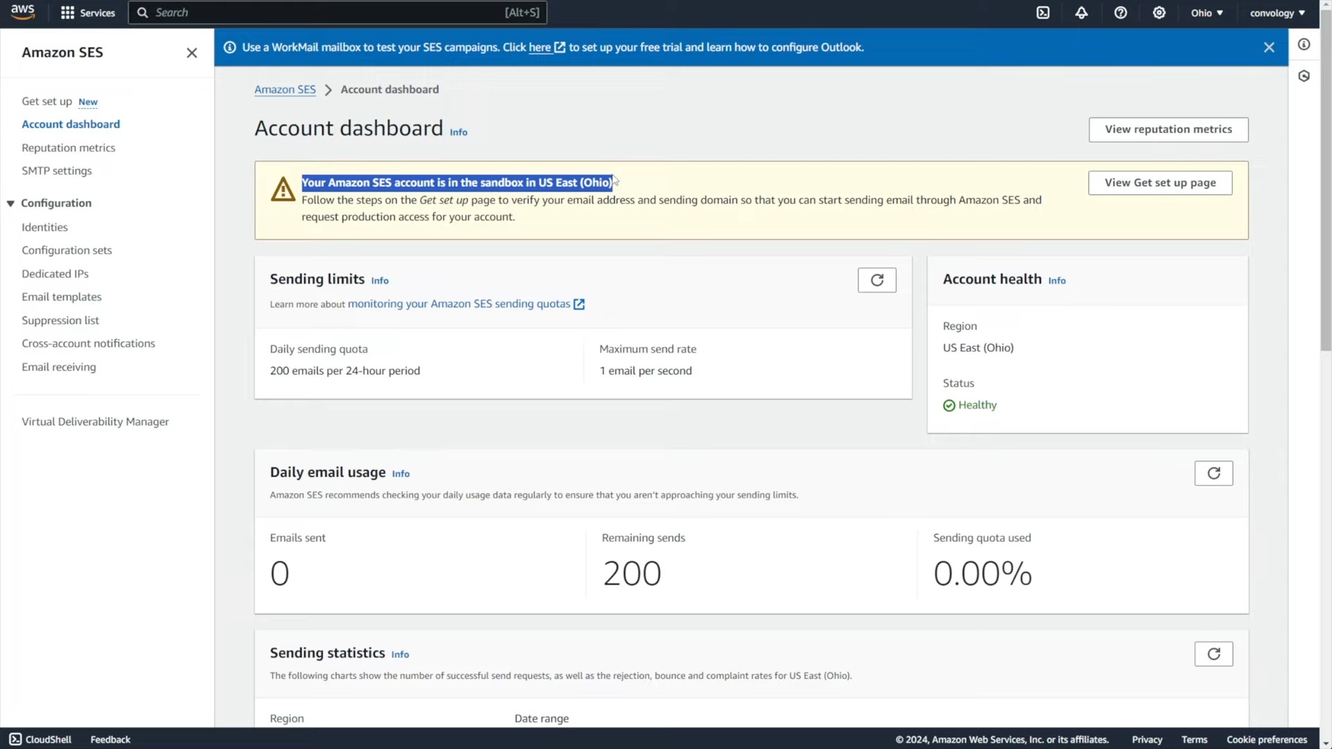Amazon SES dashboard