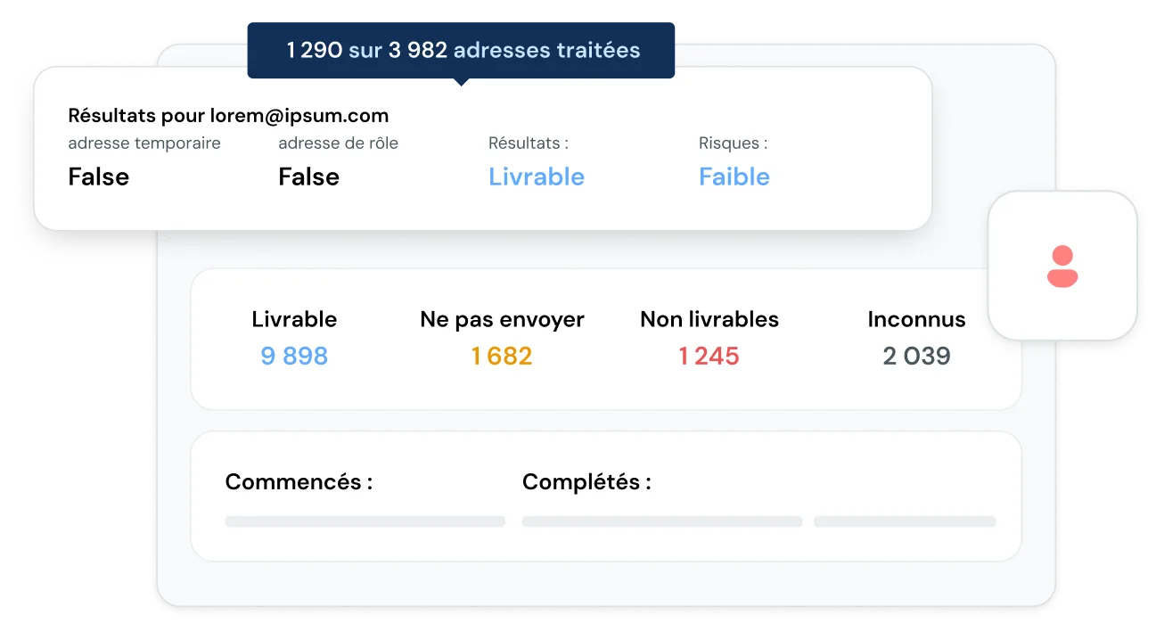 Illustration d’une vérification des emails avec les statistiques qui l’accompagnent.