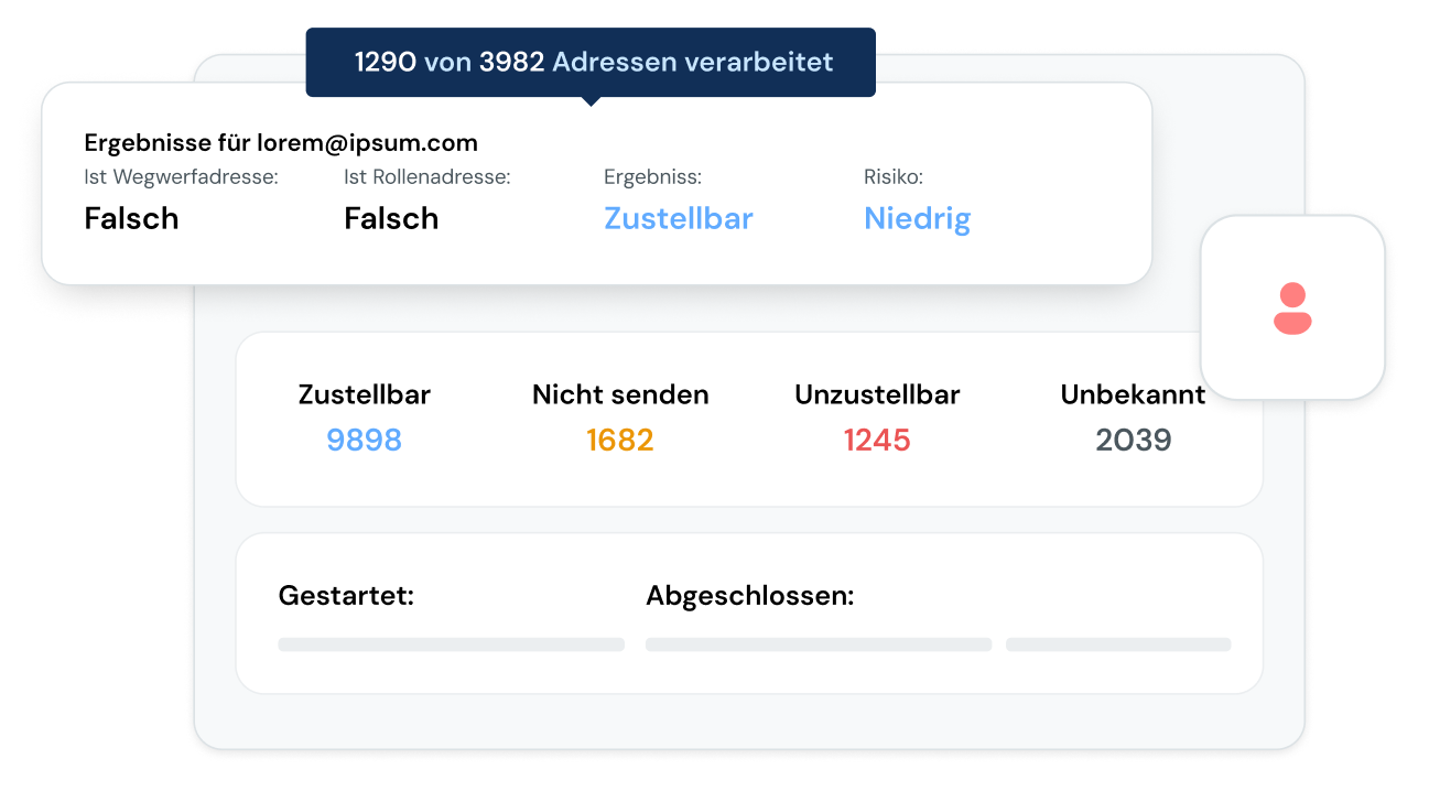 Graphische Abbildung einer E-Mail-Validierung und der dazugehörigen Statistiken.