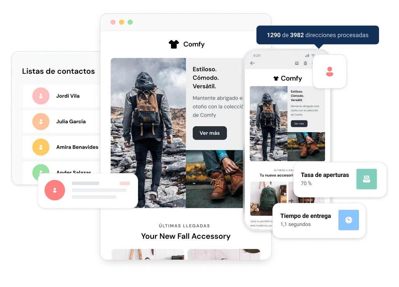 Emails responsive con cajas con información a su alrededor.