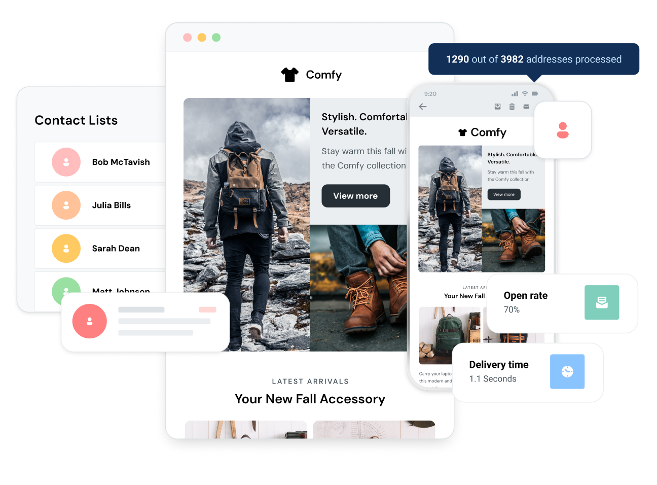 Responsive emails with different information boxes around them.