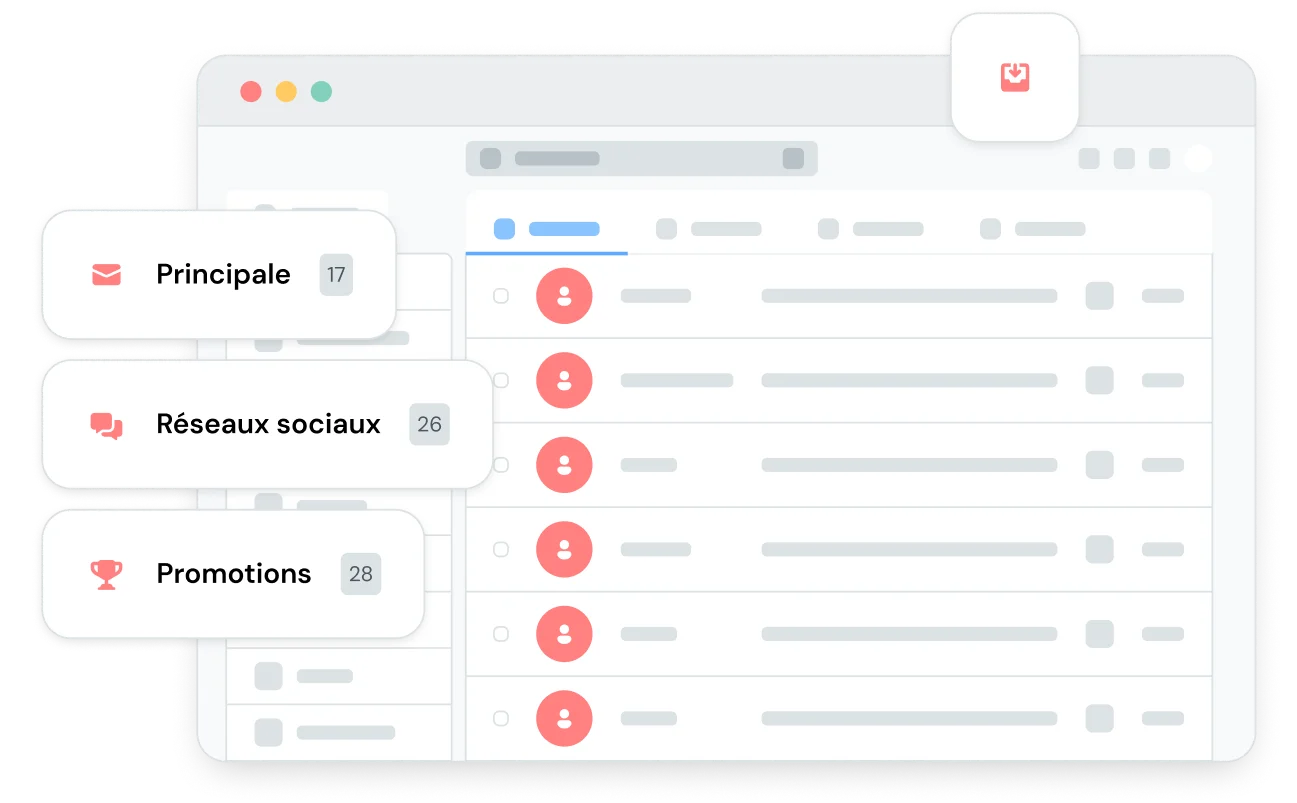 Illustration d’une boîte de réception avec les onglets « Principale », « Réseaux sociaux » et « Promotions » pour filtrer les emails.