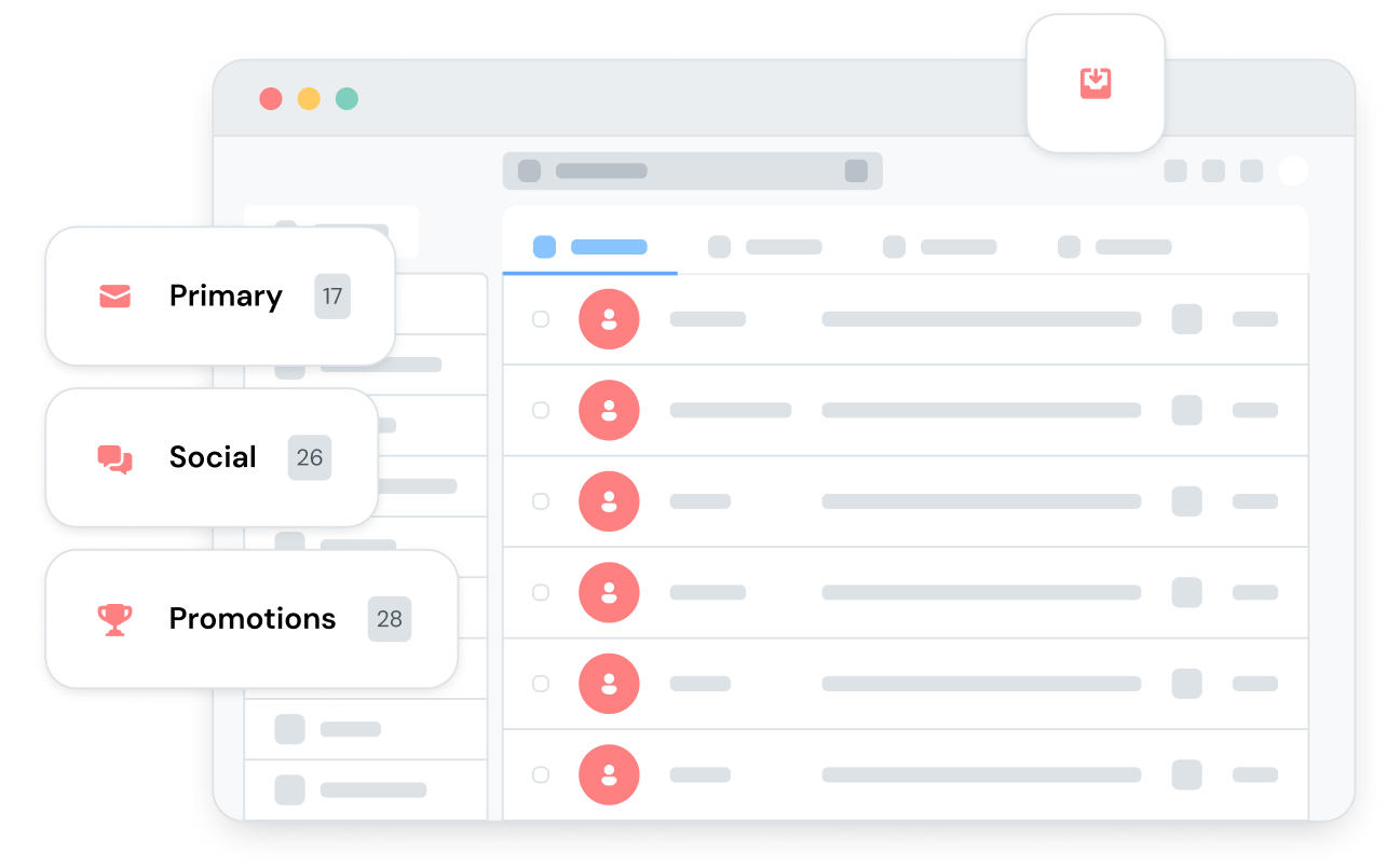 Illustration of an inbox with primary, social, and promotion tabs to filter email.