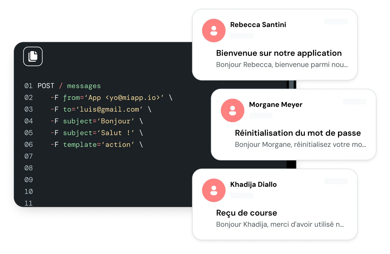 Illustration du code API pour l’envoi d’emails.