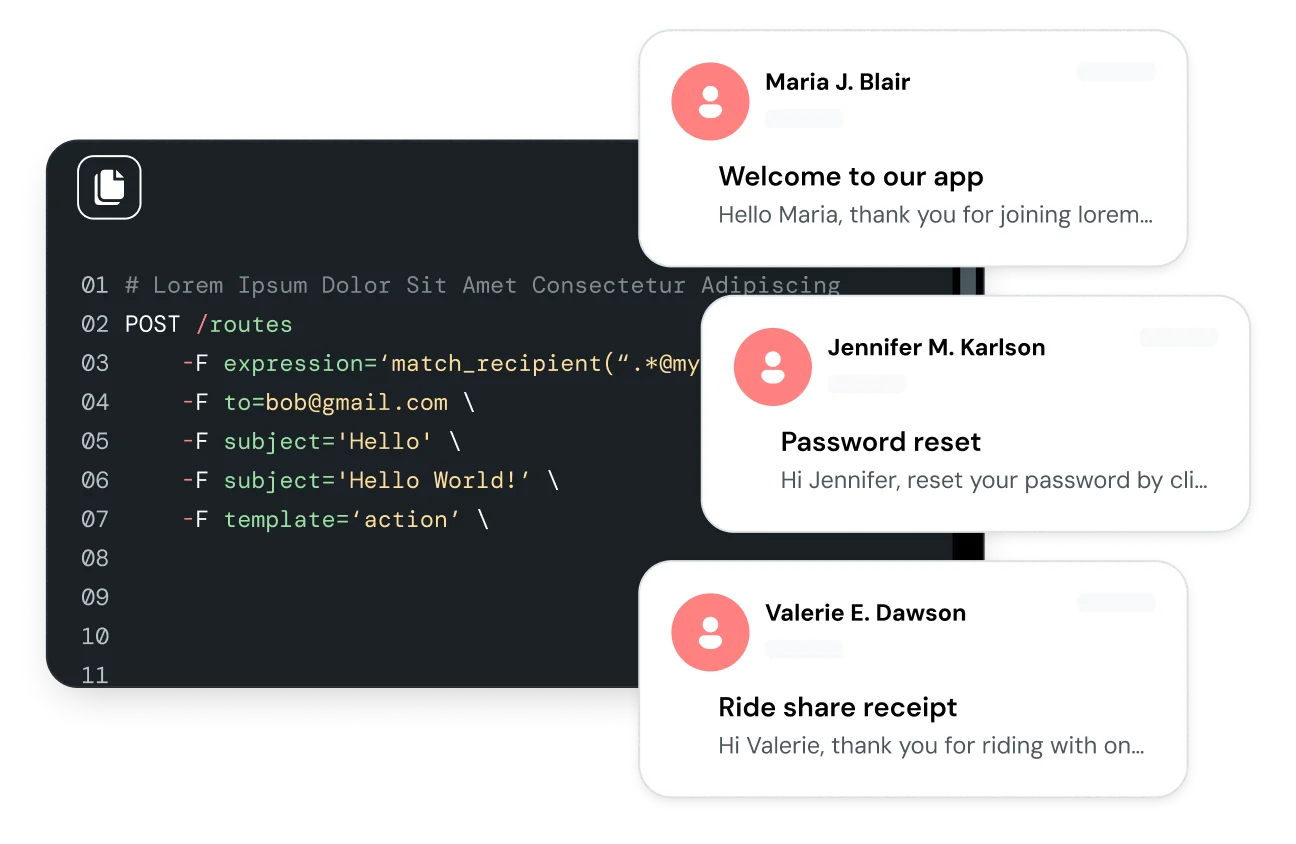 Illustration showing API code for email sending.