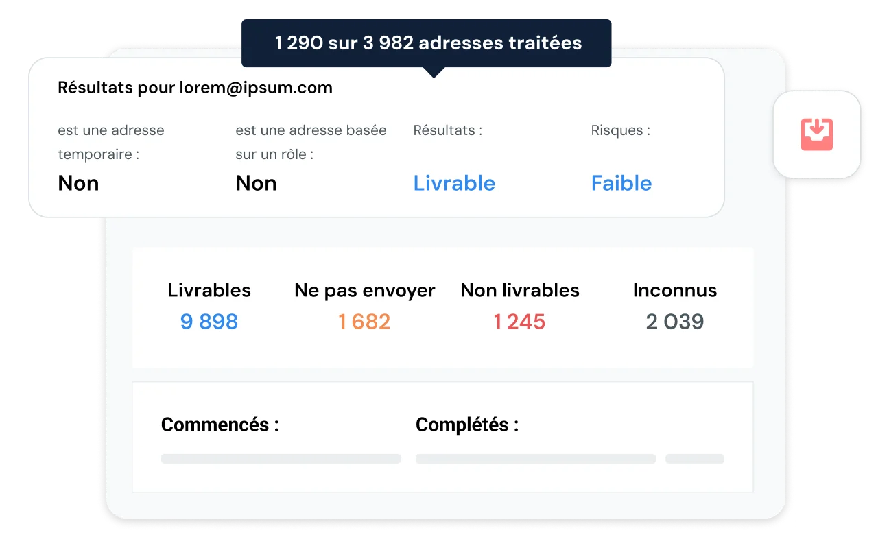Résultats de la validation des emails
