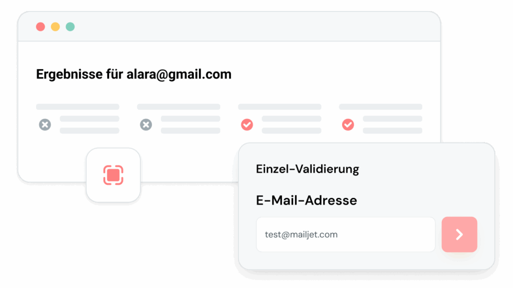 Benutzeroberfläche, die Ergebnisse der E-Mail-Validierung und ein einzelnes Validierungs-Eingabefeld zeigt