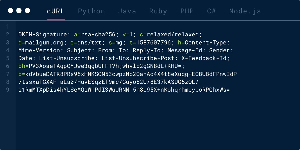 Image shows a cURL example of a DKIM signature with examples of the variables from the previous list.