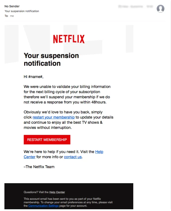 Phishing email that appears to be from Netflix