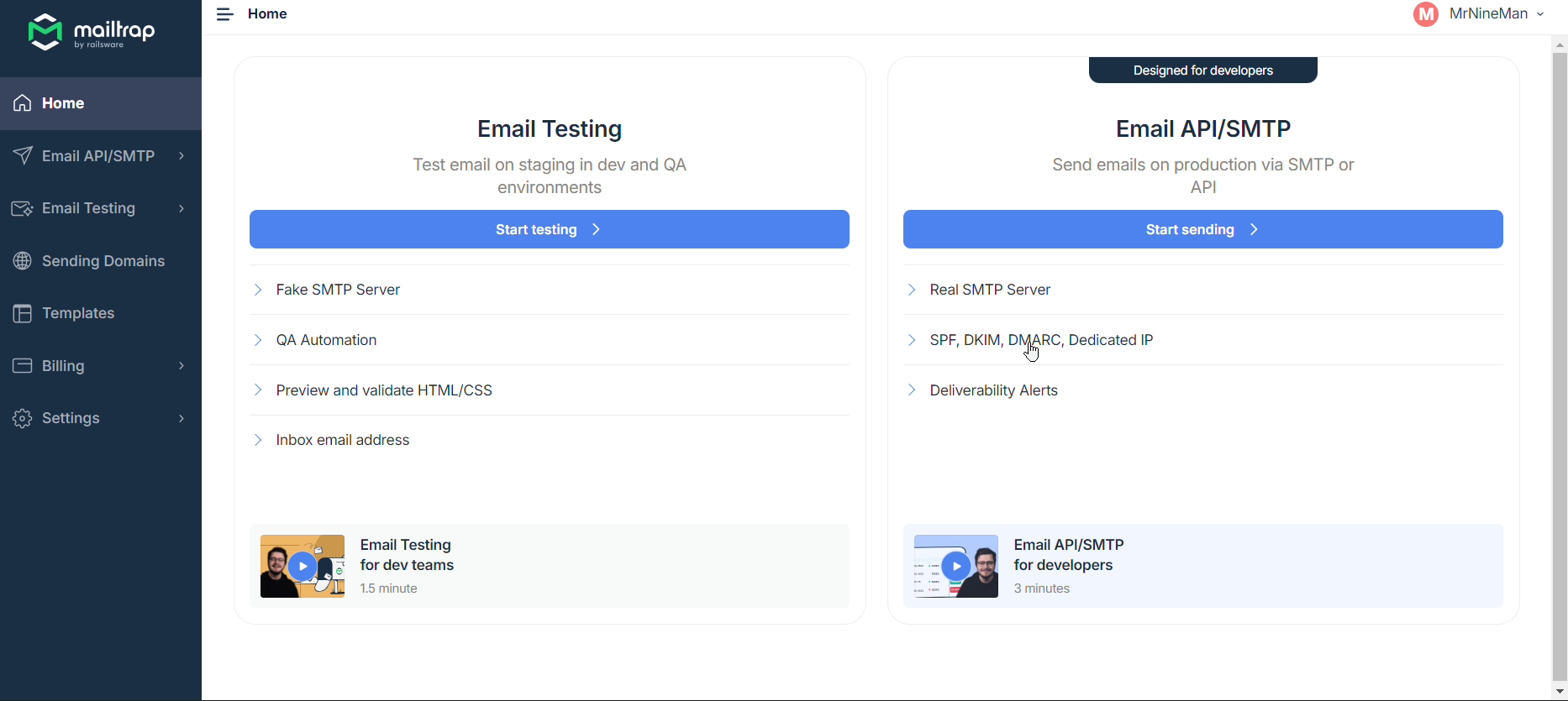 Mailtrap dashboard