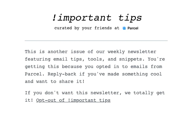 Message from Parcel.io with options to unsubscribe