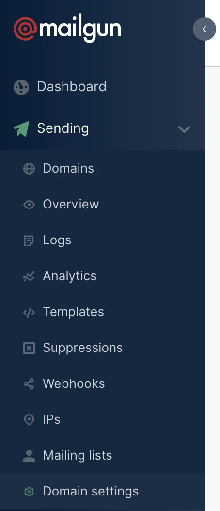 Mailgun's dashboard side menu