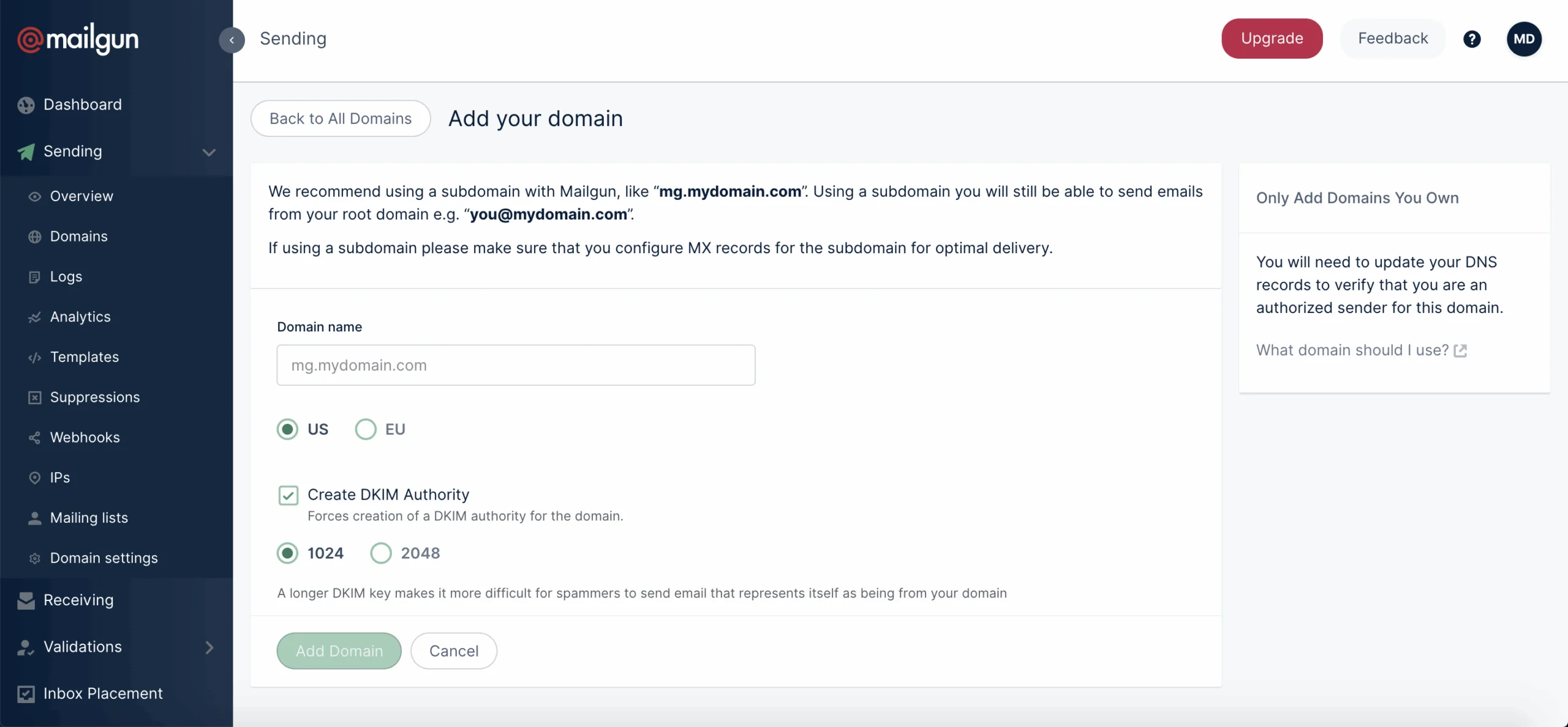 Mailgun verify domain dashboard