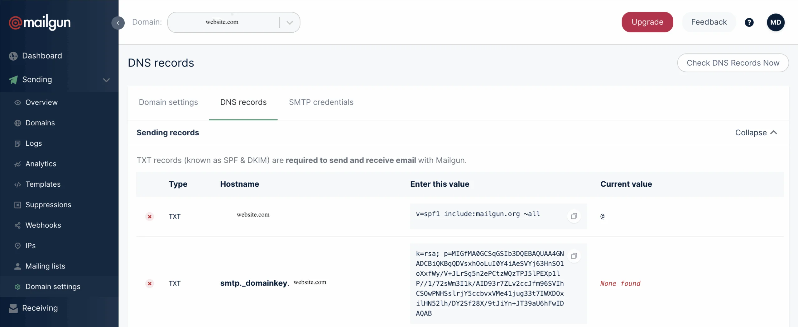 Mailgun DNS records dashboard