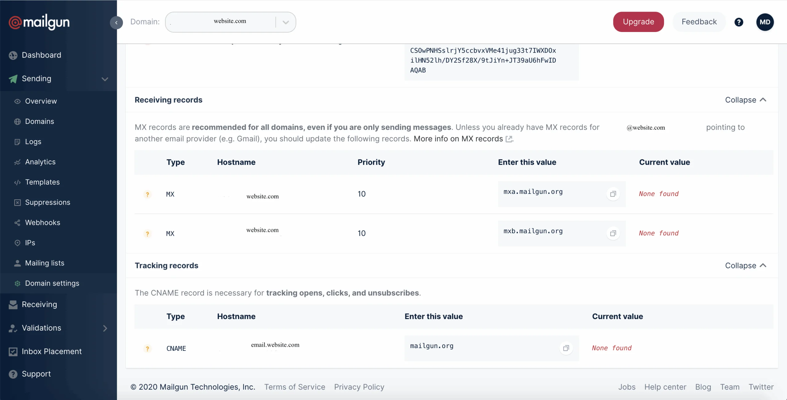 Mailgun receiving records dashboard
