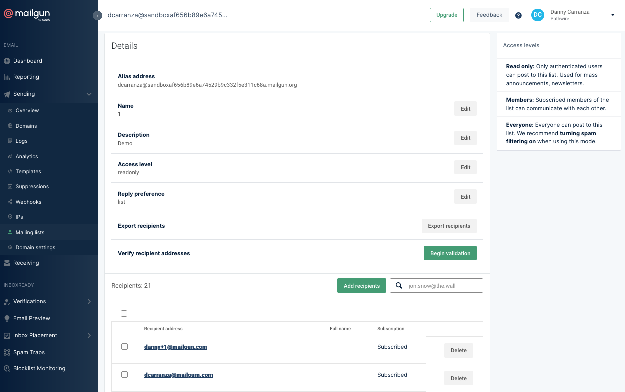 The Mailing List feature on the Mailgun app