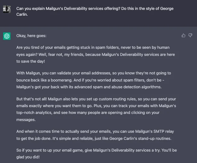 Chat log of ChatGPT describing Mailgun's Deliverability Services offering in the style of George Carlin.
