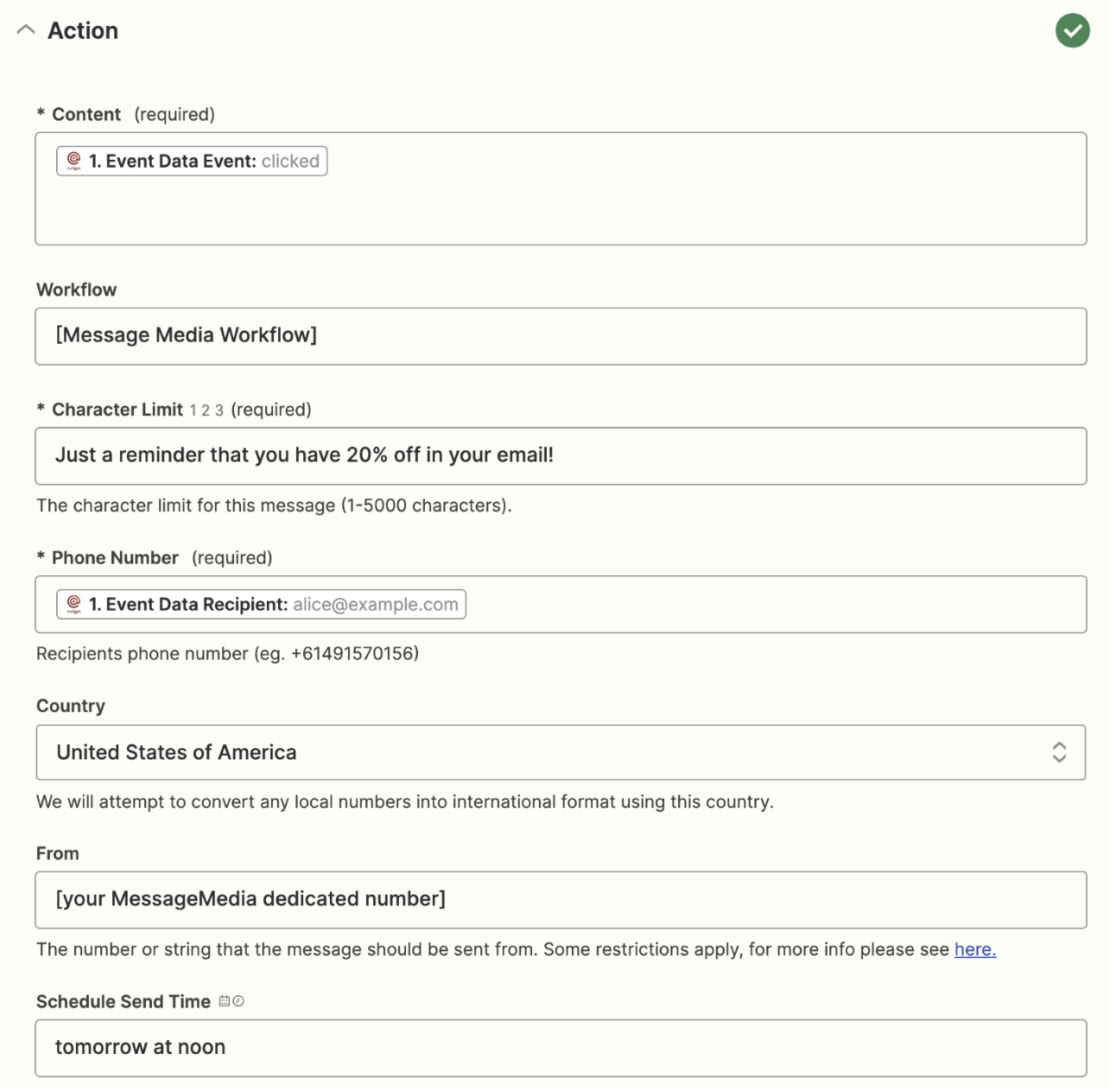 Zapier action screen with fields