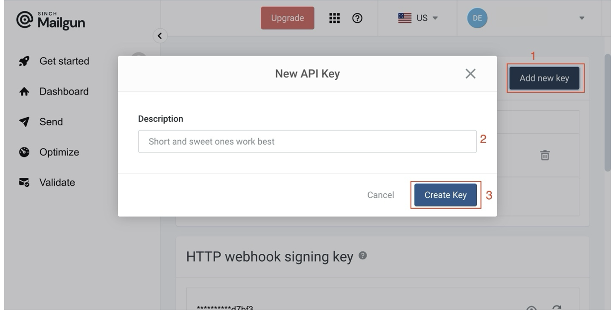 Create Key screen