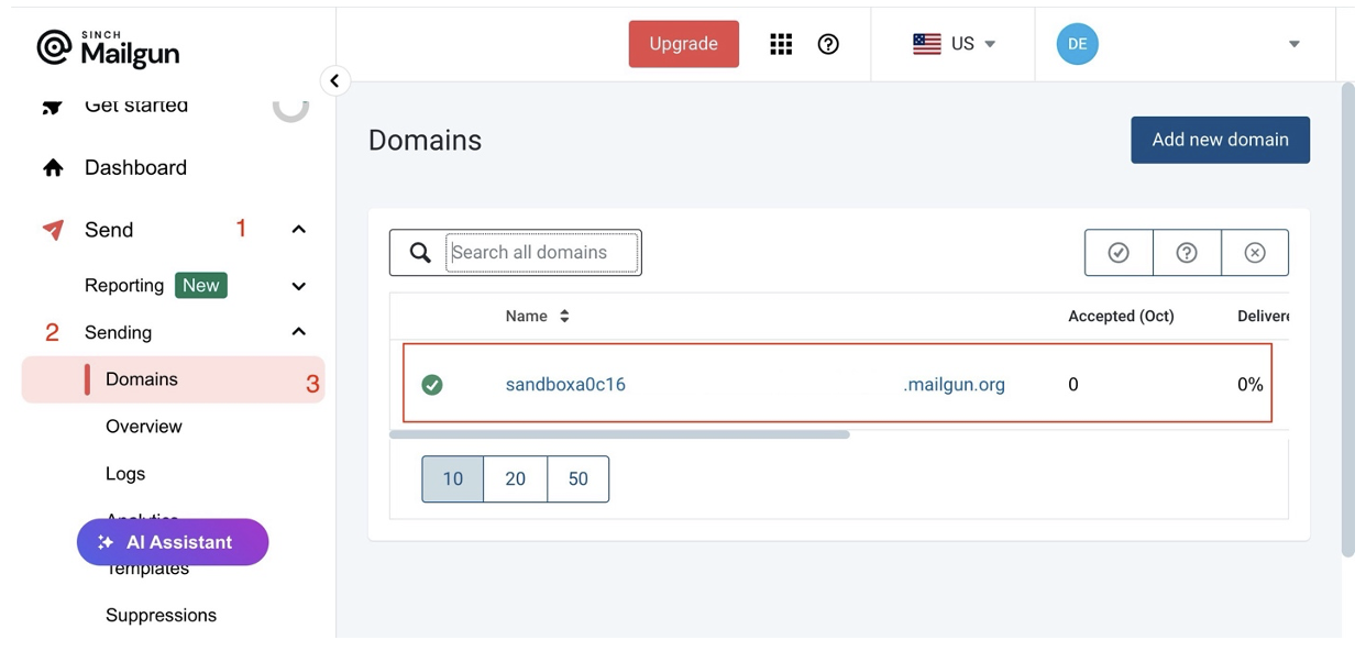 Sending Domain screen