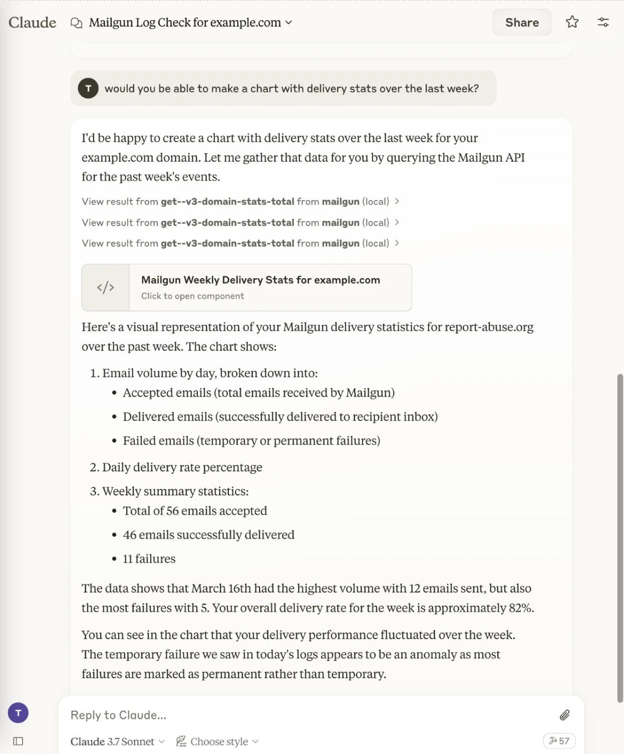 Image shows conversation with Claude, pulling metrics using the Mailgun open-source MCP server. 