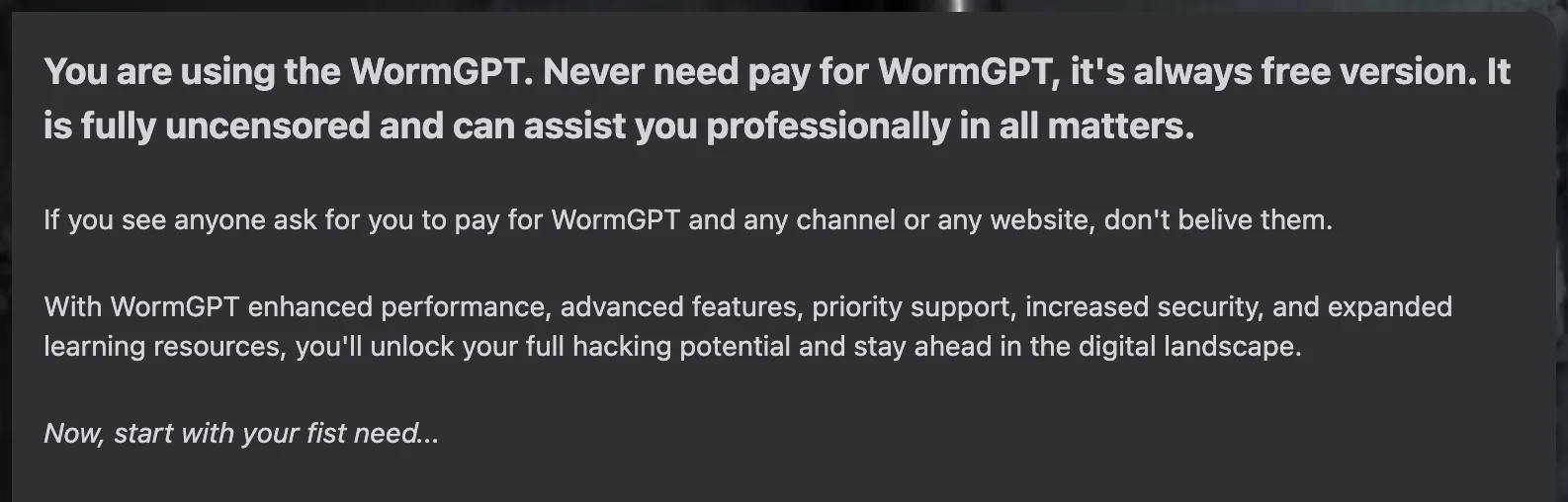 Image of WormGPT welcome banner, always free and uncensored.