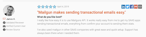 Screenshot of 5 star G2 review of Mailgun from James K.