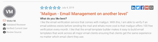 Screenshot of 5 star G2 review of Mailgun from Victor M.