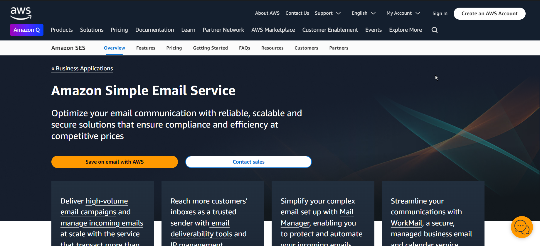 Amazon SES homepage