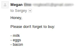 Dashes used in a list included in an email