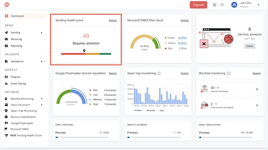 Image shows aggregate email health score on the account overview page