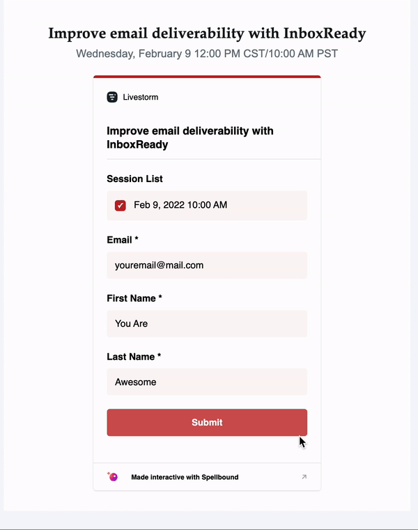 Gif shows an AMP email for Mailgun Optimize by Sinch that allows recipients to complete a dynamic form and sign up for a webinar without navigating to a new page.