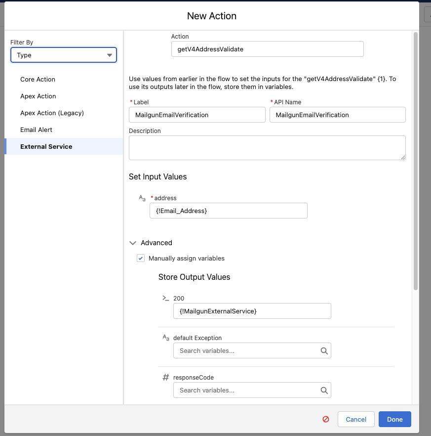 New Action window