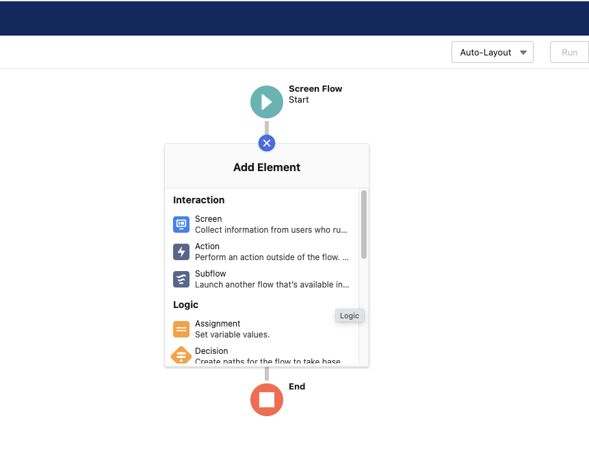 Screen flow add elements window