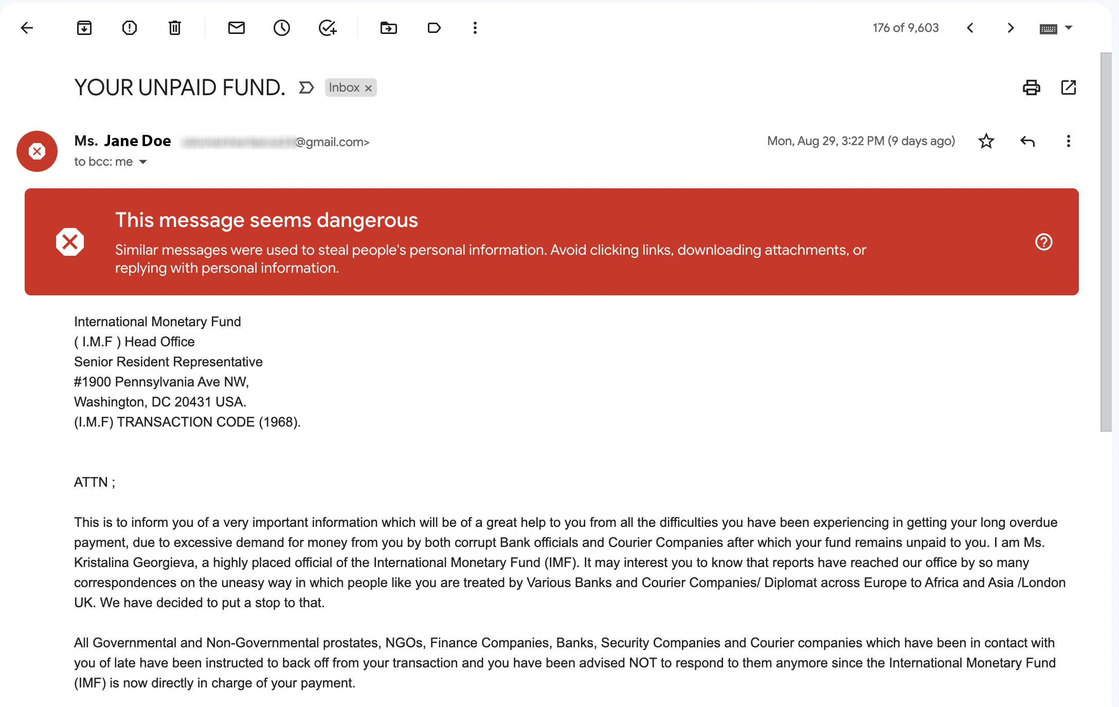 Image shows example of a common phishing scam email telling the reader they are the recipient of funds and requiring personal details.