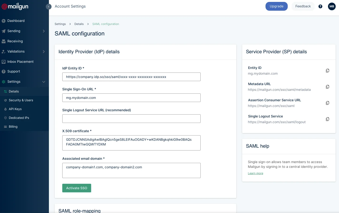 Mailgun's dashboard for SAML configuration