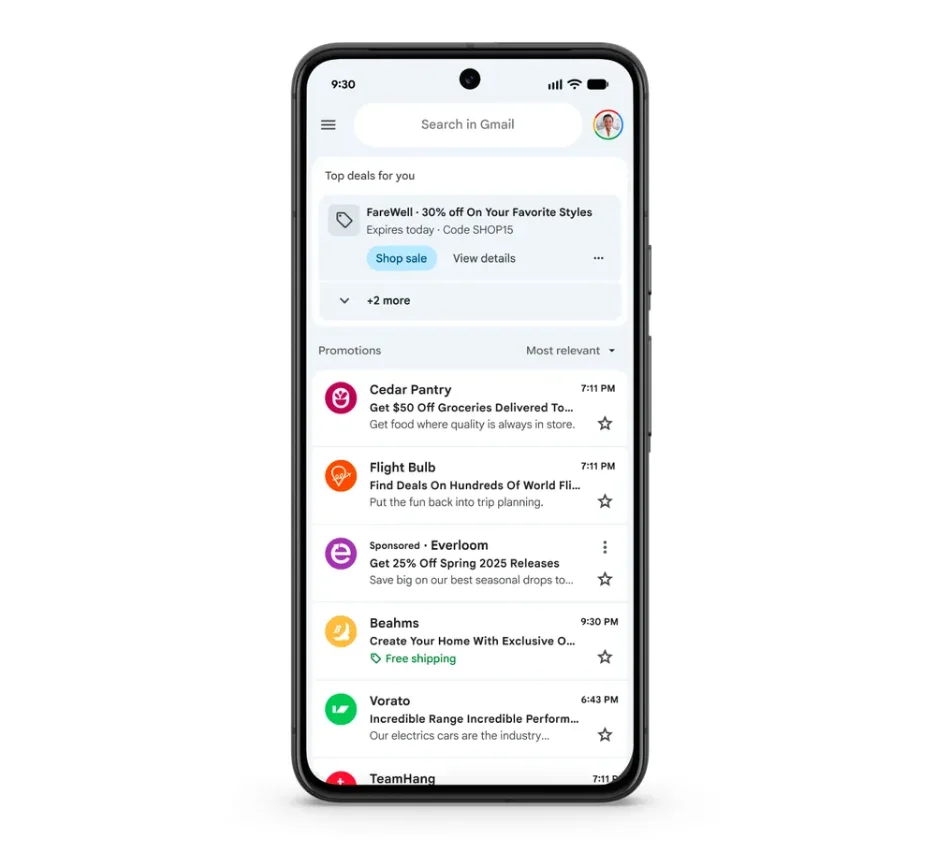 A mobile phone displaying Gmail's "Top deals for you" card.