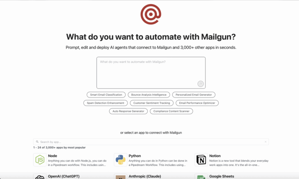 Bild der für Mailgun verfügbaren Pipedream-Integrationen